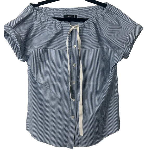 Theory Velvela Striped Top Blue Short Sleeve Size 2 Cotton Utility Button B21 - Picture 2 of 7